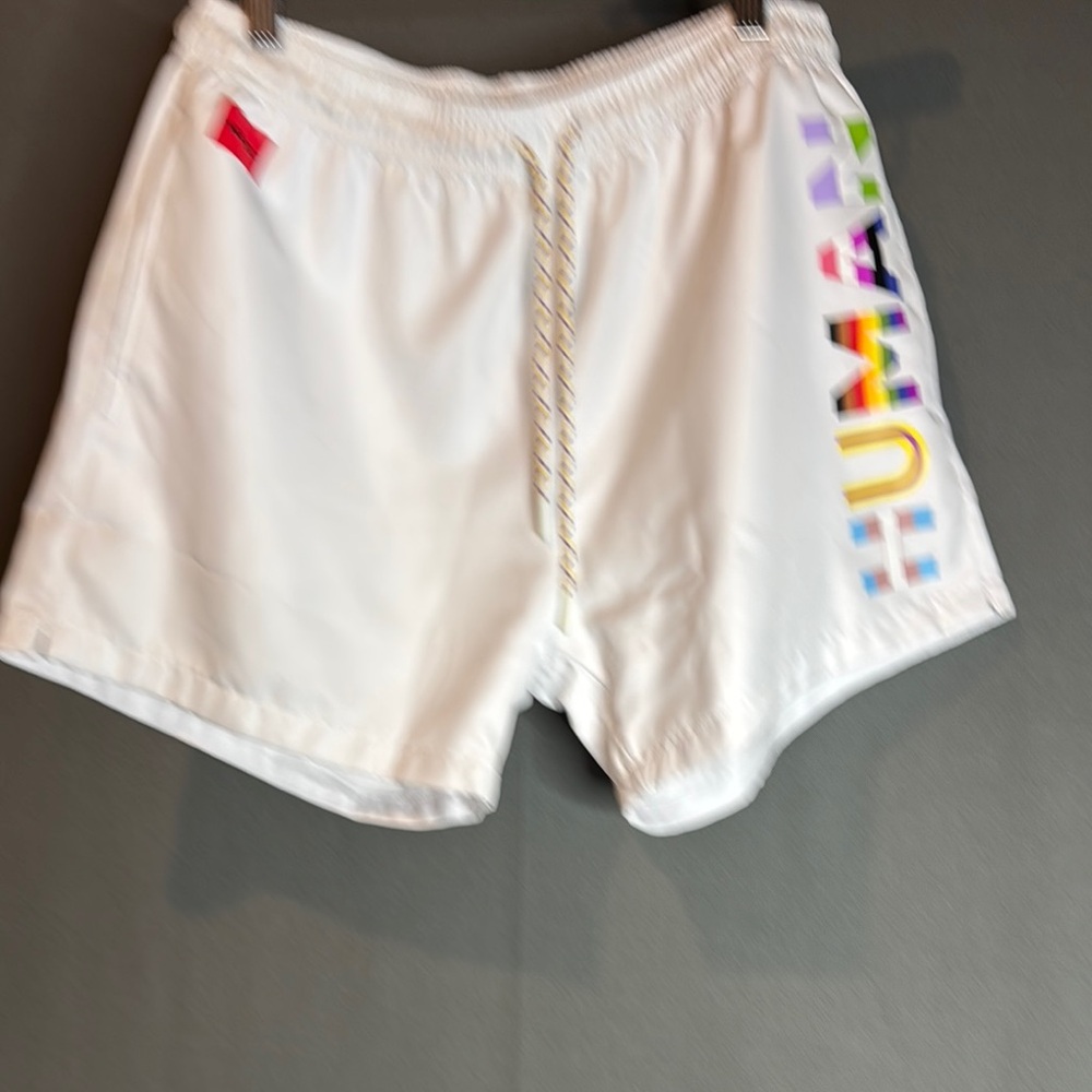 Hugo‎ White Shorts with Rainbow HUMAN Print Men’s Large